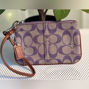 Coach Purple Signature Canvas Wristlet with Brown Trim